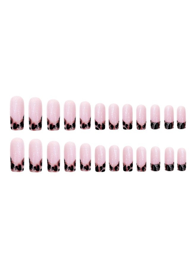 SINHOT Square Press on Nails Short Fake Nails Glossy Glue on Nails Leopard Print Acrylic Nails Bling Glitter Squoval Artificial Nails French Tip Stick on False Nails with Design 24 pcs - Image 5